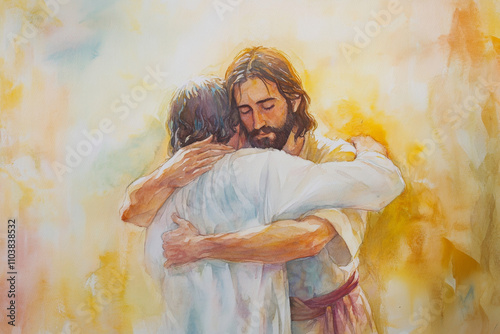 Jesus embracing a man in need of healing, surrounded by light. The watercolor uses soft whites, yellows, and light blues to reflect compassion, grace, and divine restoration.