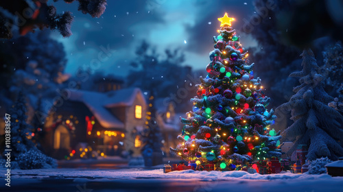 Christmas tree covered in colorful baubles and lights, set against a snow-dusted, vibrant winter scene