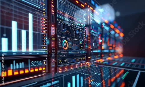Futuristic technology interface with data visualizations and graphs on multiple screens.