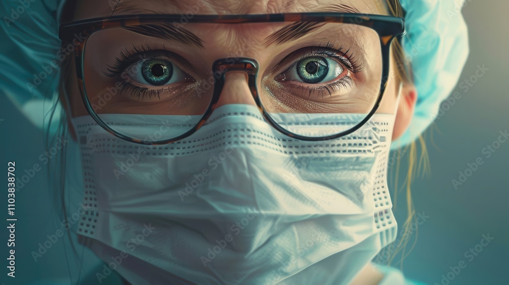 Woman in surgical mask and glasses focused on her work in a medical environment Woman in surgical mask and glasses focused on her work in a medical environment