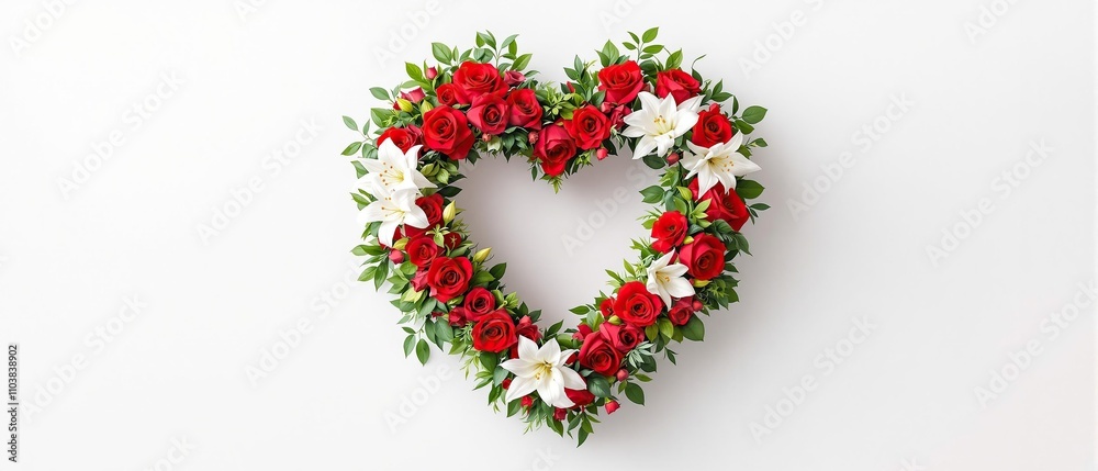 Beautiful roses and lilies in a heart-shaped wreath, elegant, romantic, delicate, love, whimsical Beautiful roses and lilies in a heart-shaped wreath, elegant, romantic, delicate, love, whimsical