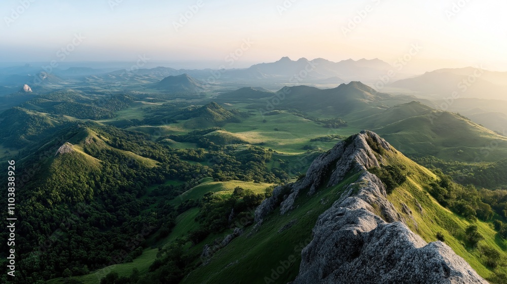 Fototapeta premium Aerial view of lush green mountain range with rocky peaks and valleys under a clear sky at sunrise, showcasing natural landscape and terrain.