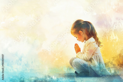 A beautiful digital watercolor scene of a little girl kneeling in worship, her head bowed in reverence. The soft, colorful background flows around her, with gentle hues of gold and blue, creating a photo