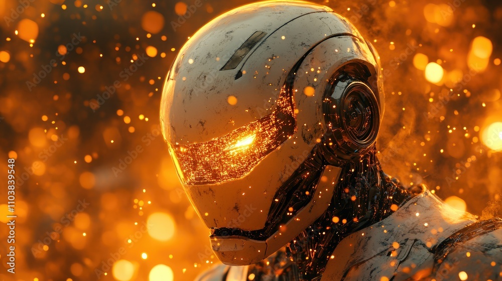 A futuristic robotic figure with glowing eyes amidst a fiery backdrop. A futuristic robotic figure with glowing eyes amidst a fiery backdrop.