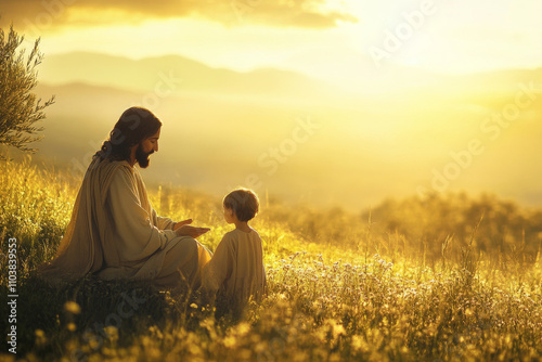 A tranquil scene of Jesus teaching a child in a field, with the sun setting behind them. Soft golden tones and the calm green grass represent peace, wisdom, and divine love. photo