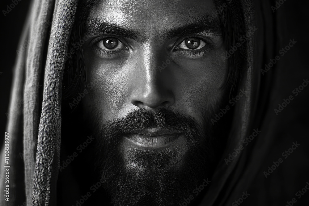 A bold black and white digital portrait of Jesus Christ, focusing on His intense yet calm expression. The use of shadows and light contrasts sharply, emphasizing His divine authority and loving nature A bold black and white digital portrait of Jesus Christ, focusing on His intense yet calm expression. The use of shadows and light contrasts sharply, emphasizing His divine authority and loving nature