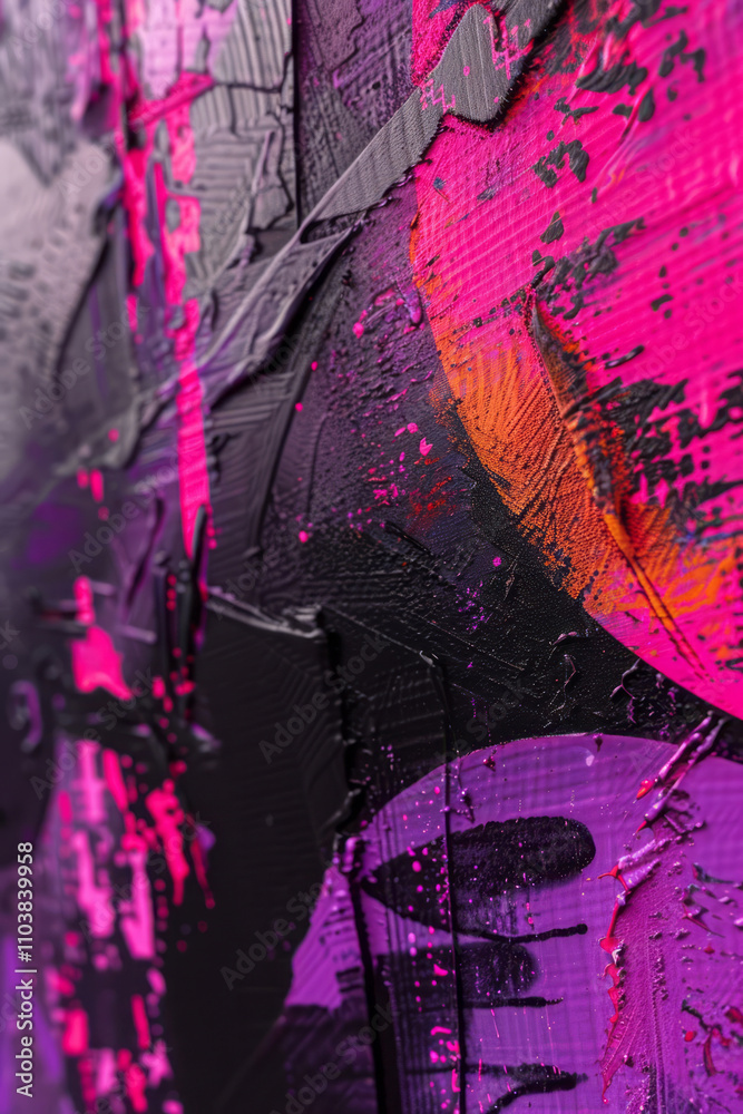 Fototapeta premium Close-up graffiti on a wall features neon pink and purple brush strokes, presenting an abstract, vivid, and bright perspective.