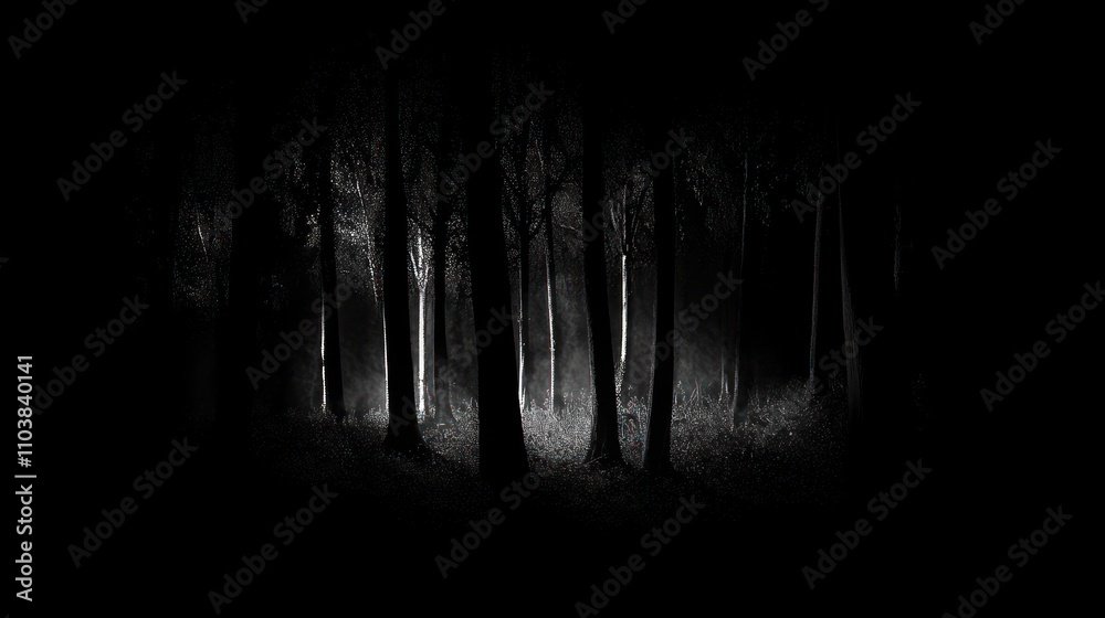Dark Forest Scene With Glowing Trees And Mist Dark Forest Scene With Glowing Trees And Mist