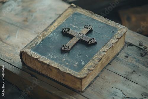 A vintage holy Bible with an intricate wooden cross laid on top, positioned on a rough-hewn wooden surface. The background evokes a sense of history and spirituality, with natural textures and soft photo