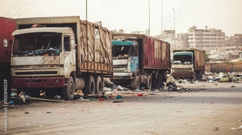 Empty damaged trucks scattered on a desolate street, symbolizing the aftermath of a crisis and the need for resilience and rebuilding. photo