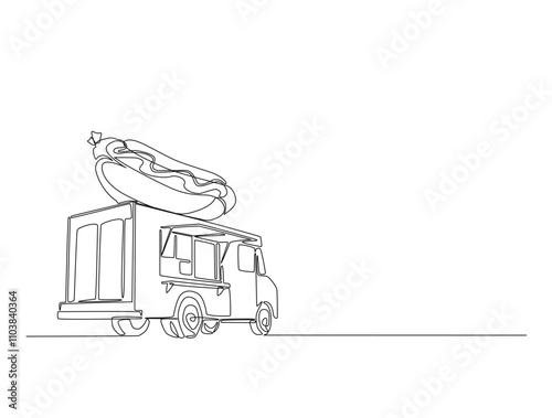 Continuous line drawing art of Hotdog food truck in the road. Food truck van in single line draw with active stroke.