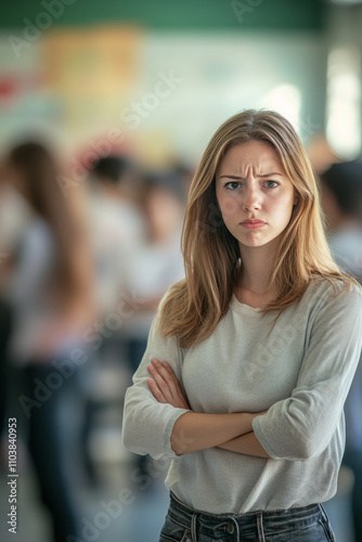 A Caucasian young teacher woman standing in front of an unruly classroom, arms crossed with a frustrated expression, while students are blurred in motion behind her