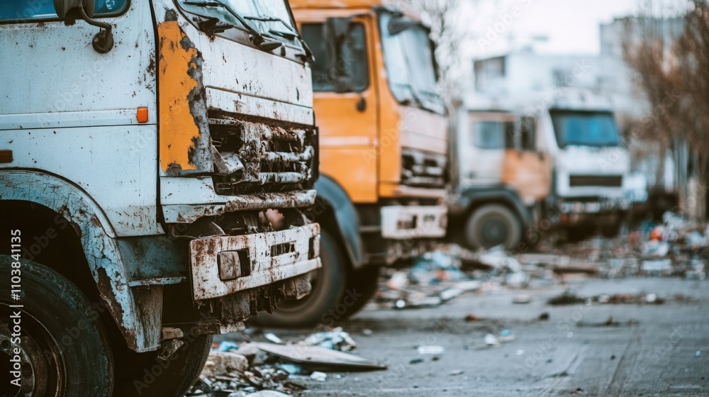 Empty damaged trucks scattered on a desolate street, symbolizing the aftermath of a crisis and the need for resilience and rebuilding. Empty damaged trucks scattered on a desolate street, symbolizing the aftermath of a crisis and the need for resilience and rebuilding.