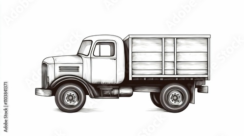 Delivery route with box Vintage truck illustration in a side view with simple details.