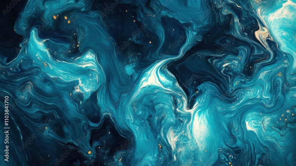 Abstract swirling teal and blue paint with gold flecks.