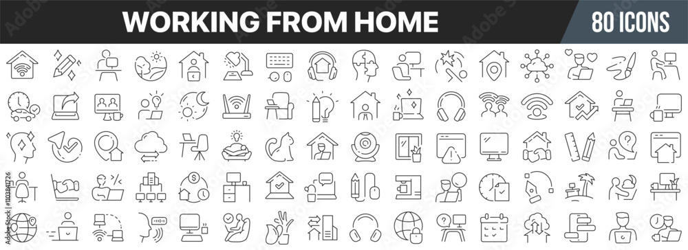 Working from home line icons collection. Big UI icon set in a flat design. Thin outline icons pack. Vector illustration EPS10 Working from home line icons collection. Big UI icon set in a flat design. Thin outline icons pack. Vector illustration EPS10