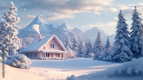 Snowy winter landscape with one cozy house and pine trees
