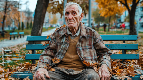 frail old man sitting on broken bench surrounded by autumn leaves