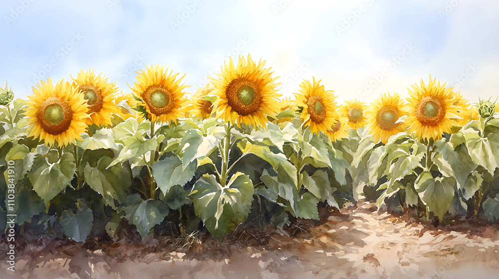 Obraz premium vibrant sunflower field stretches under bright sky, showcasing golden blooms and lush green leaves. scene evokes sense of warmth and tranquility