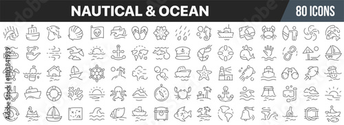 Nautical and ocean line icons collection. Big UI icon set in a flat design. Thin outline icons pack. Vector illustration EPS10