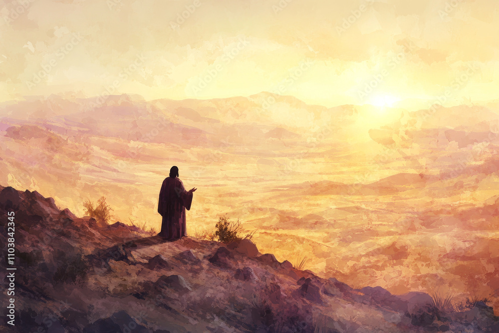 Fototapeta premium A digital watercolor scene of Jesus teaching on a hill in Judea, with the vast desert landscape stretching out below. The soft light of the setting sun bathes the scene in warm tones, creating a sense
