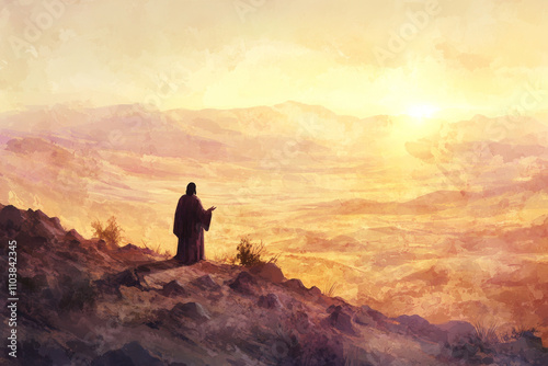 A digital watercolor scene of Jesus teaching on a hill in Judea, with the vast desert landscape stretching out below. The soft light of the setting sun bathes the scene in warm tones, creating a sense