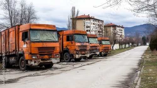 Empty damaged trucks scattered on a desolate street, symbolizing the aftermath of a crisis and the need for resilience and rebuilding.