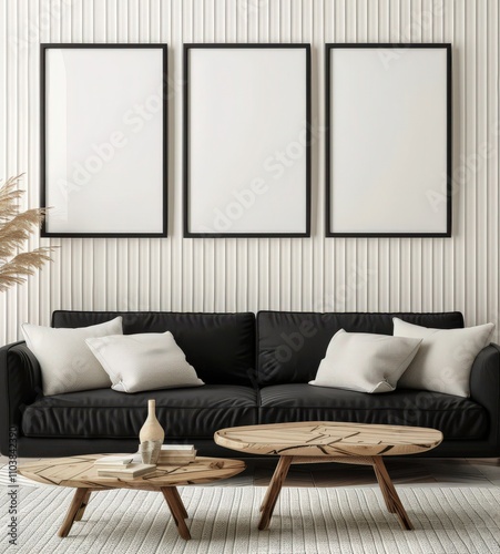 A black velvet sofa sits in front of a white wall with three empty picture frames. a wooden coffee table with books and a vase of pampas grass