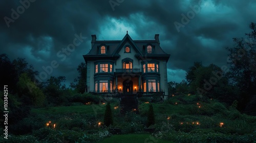 Dark, Victorian mansion on a hill at night, illuminated by candl photo