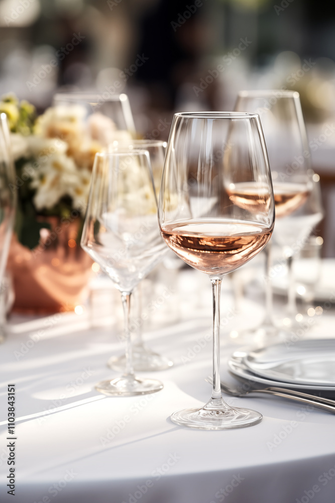 close up of a third full glass of rose wine on a white tablecloth. set table close up close up of a third full glass of rose wine on a white tablecloth. set table close up