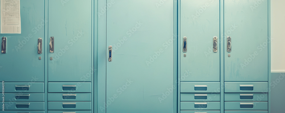 Fototapeta premium Locker room facility concept. Lockers in a school hallway with a teal color scheme.