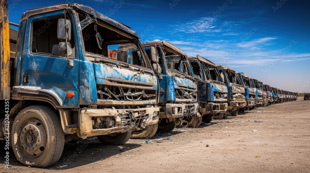 Empty damaged trucks scattered on a desolate street, symbolizing the aftermath of a crisis and the need for resilience and rebuilding. Empty damaged trucks scattered on a desolate street, symbolizing the aftermath of a crisis and the need for resilience and rebuilding.
