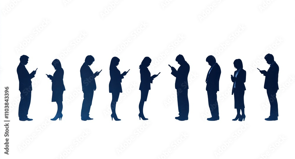 Silhouettes of business people using devices in a row. Silhouettes of business people using devices in a row.