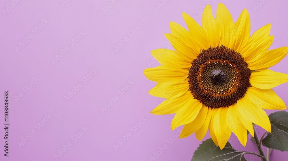 Obraz premium A bright yellow sunflower against a soft lavender background, close-up shot, Stock photo library style