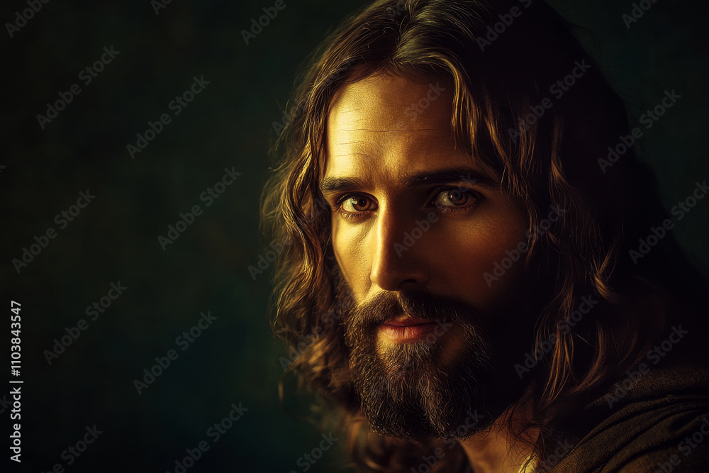 A lifelike portrait of Jesus Christ, His face illuminated with soft, warm light against a dark, shadowy background. His hair is long and wavy, and His expression is calm and profound, conveying both A lifelike portrait of Jesus Christ, His face illuminated with soft, warm light against a dark, shadowy background. His hair is long and wavy, and His expression is calm and profound, conveying both
