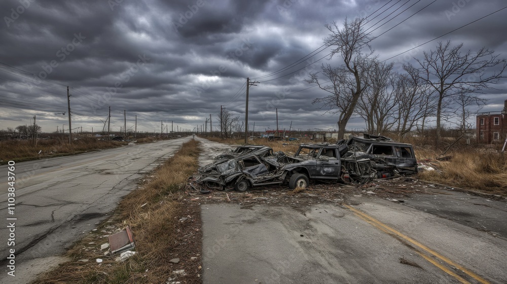 Empty damaged trucks scattered on a desolate street, symbolizing the aftermath of a crisis and the need for resilience and rebuilding. Empty damaged trucks scattered on a desolate street, symbolizing the aftermath of a crisis and the need for resilience and rebuilding.