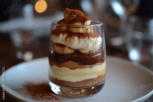 Italian tiramisu with layers of espresso soaked ladyfingers, mascarpone cream, and cocoa powder, served in a glass. Food Photography, Menu Style Photo Image, close up photo