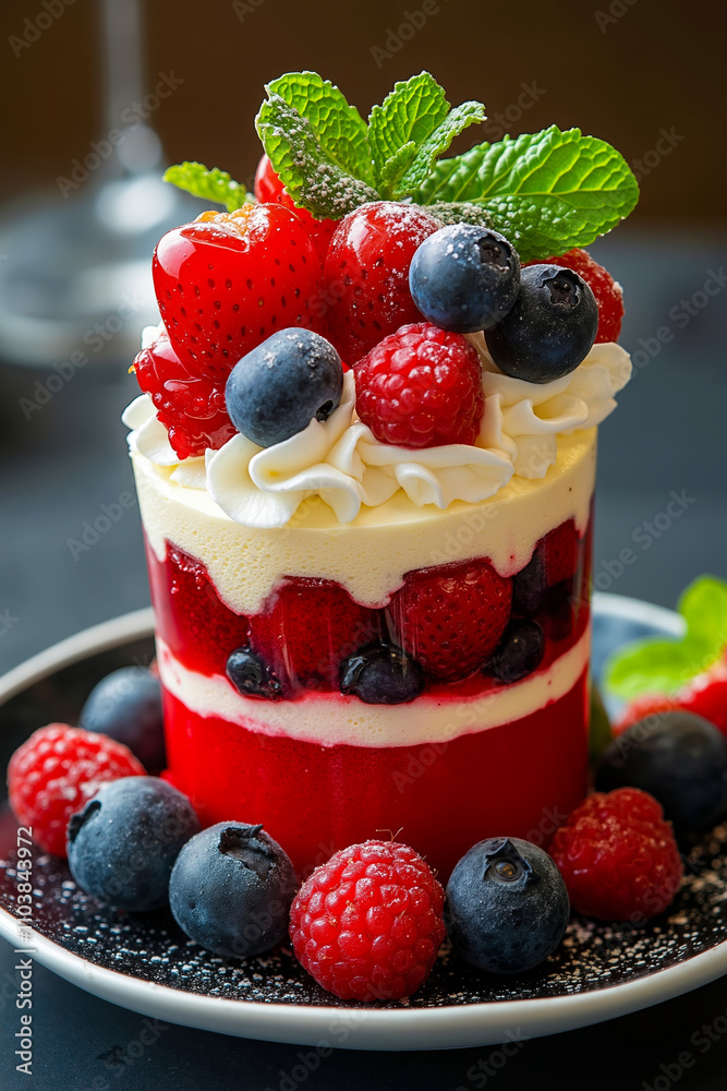 A dessert with berries and whipped cream on a plate A dessert with berries and whipped cream on a plate