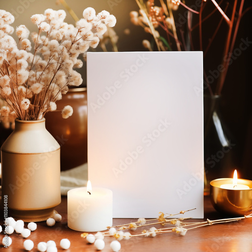 close up of a front facing mockup of a white A5 postcard with small burning candles and a vase of dried flowers