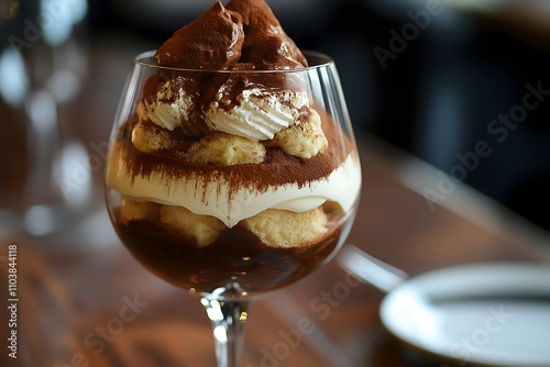 Italian tiramisu with layers of espresso soaked ladyfingers, mascarpone cream, and cocoa powder, served in a glass. Food Photography, Menu Style Photo Image, close up photo