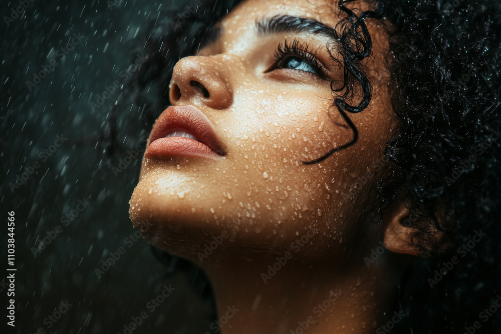 A close-up portrait of a young Biblical woman, rain gently falling around her as she gazes upwards. Her face shows a blend of sorrow and faith, as if seeking divine intervention. The raindrops shimmer A close-up portrait of a young Biblical woman, rain gently falling around her as she gazes upwards. Her face shows a blend of sorrow and faith, as if seeking divine intervention. The raindrops shimmer