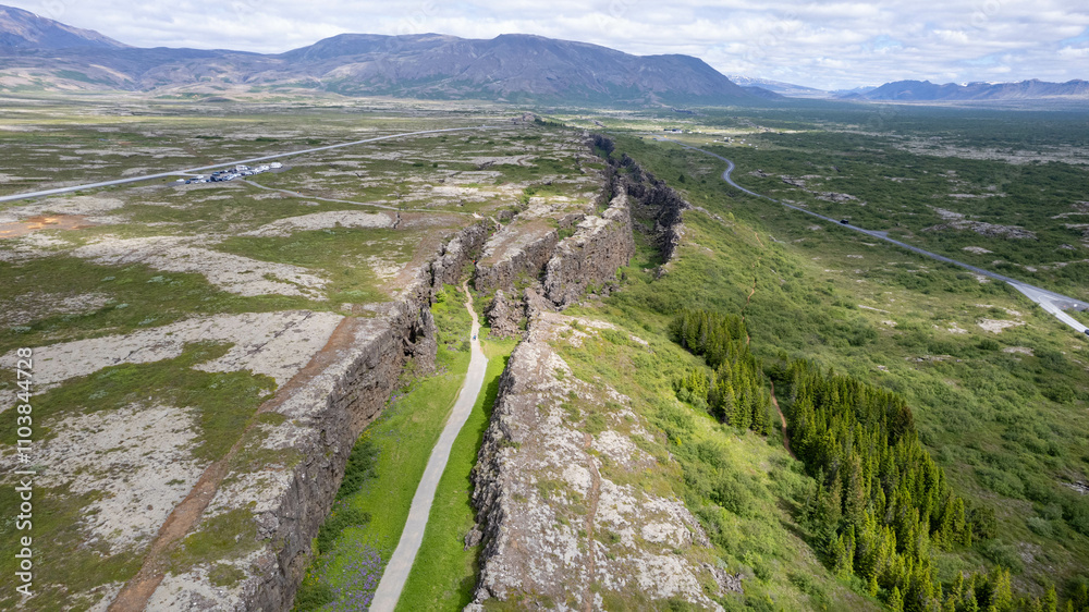Fototapeta premium Thingvellir National Park: Aerial View of Iceland's Rift Valley and Oxararfoss Waterfall