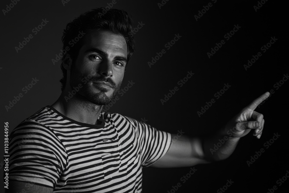 Handsome Man Pointing, Stock Photo - Attractive man in striped shirt, pointing to the side, serious expression, confident pose, black and white. Handsome Man Pointing, Stock Photo - Attractive man in striped shirt, pointing to the side, serious expression, confident pose, black and white.