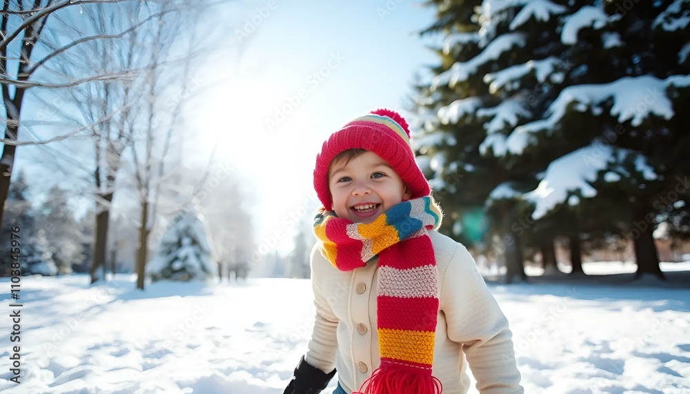 Joyful child playing in the snow wearing colorful scarf and hat, enjoying winter sunshine in the park Joyful child playing in the snow wearing colorful scarf and hat, enjoying winter sunshine in the park