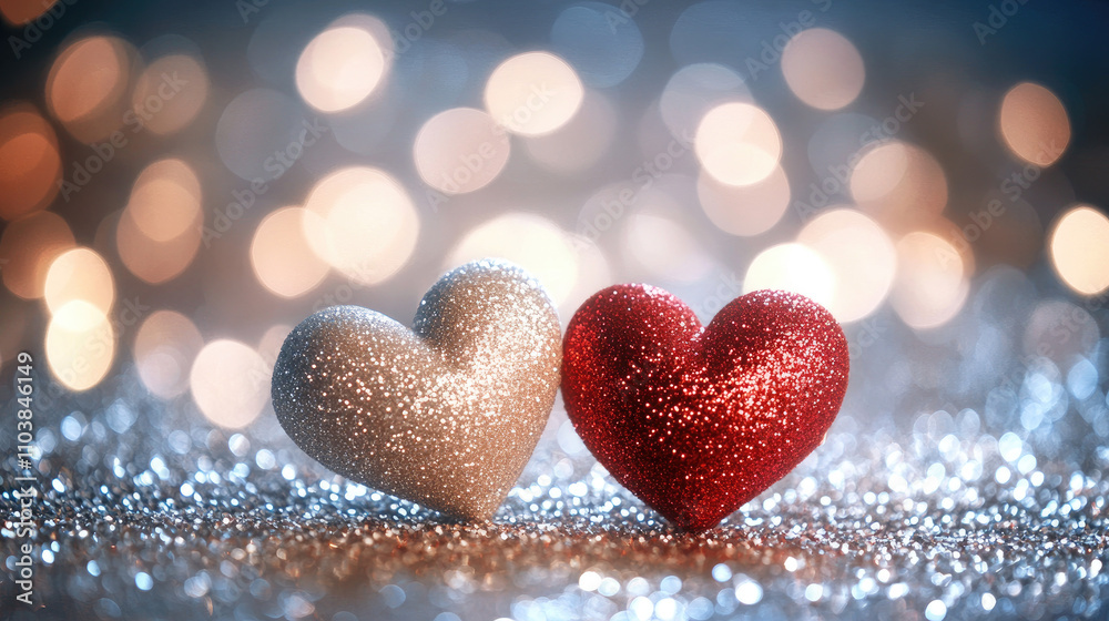 Glittering Valentine's background with red and pink hearts and subtle glowing lights. Glittering Valentine's background with red and pink hearts and subtle glowing lights.