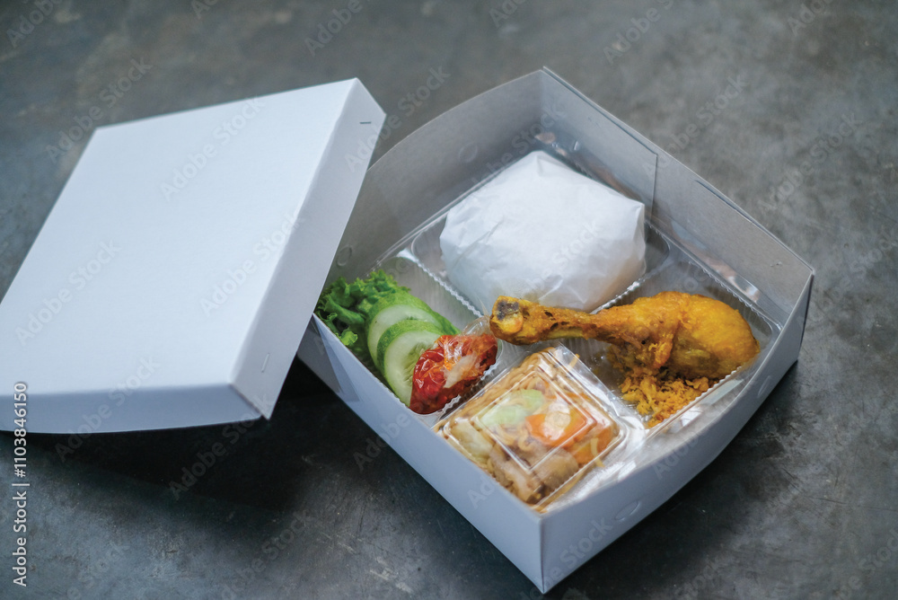 Serving boxed rice in a white cardboard box or paper box. White rice, chili sauce, cucumber, vegetables, fried chicken. Serving boxed rice in a white cardboard box or paper box. White rice, chili sauce, cucumber, vegetables, fried chicken.