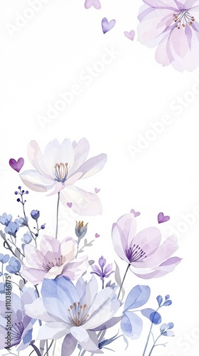 Beautiful watercolor composition of purple and blue flowers with heart motifs, purple, beautiful, composition, nature