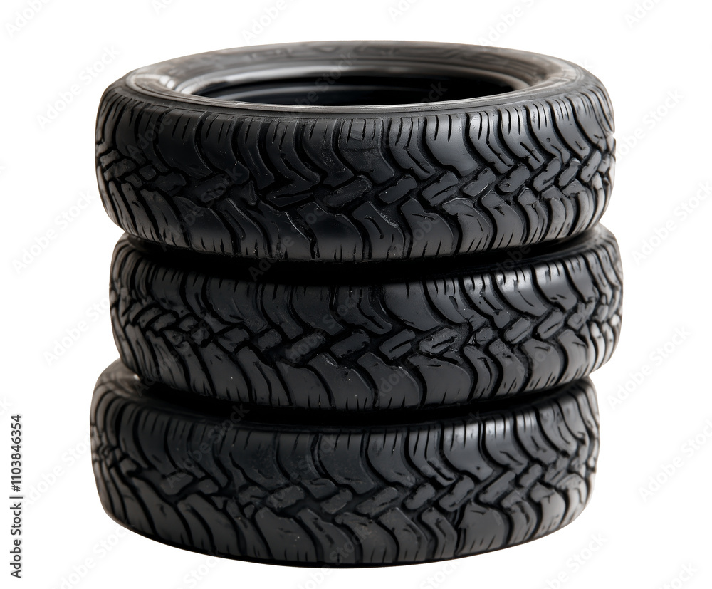 Stack of three black car tires showcasing their rugged tread design, PNG file isolated on a transparent background. Stack of three black car tires showcasing their rugged tread design, PNG file isolated on a transparent background.