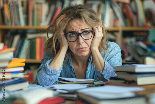 A frustrated middle-aged Caucasian school teacher woman sitting at her desk, holding her head with one hand while staring at a pile of ungraded papers. The classroom is cluttered with books and