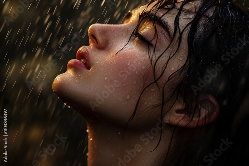 A close-up portrait of a young Biblical woman, her face upturned toward the heavens, raindrops falling gently on her skin. Her expression is one of deep emotion, filled with hope and reverence, as the photo